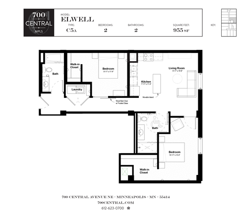 Floor plan for 2 beds, 2 baths, 955 sqft